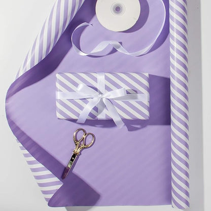 WRAPAHOLIC Reversible Wrapping Paper - Mini Roll - 17 Inch x 33 Feet - Purple and Stripes Design for Birthday, Wedding, Baby Shower, Holiday
