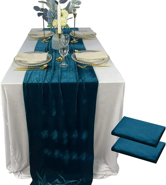 Luxurious Velvet Table Runner, 10ft Wedding Reception Decorations, 20x120inch Soft Velvet Fabric, Table Linen Overlay, Wedding Table Runners (Teal Blue, 20X120inch, 2pack)