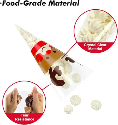 EKAPACKAGING 50Pcs 6x10 Inches Reindeer Print Cone Shaped Treat Bags with Ties, Christmas Clear Cellophane Bags, Party Favor Bags for Popcorn, Cookies, Cotton Candy, Gift, and Pretzel Rod