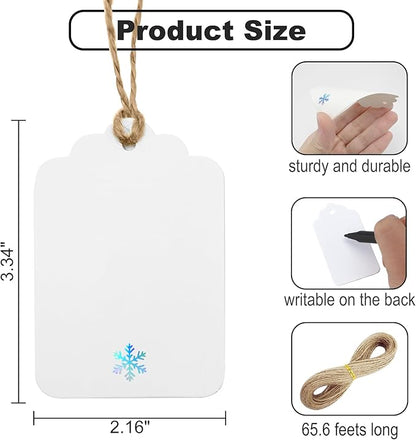 100Pcs Blank Gift Tags with String Iridescent Foil Snowflake Large Gift Tags White Paper with 65 Ft Jute Twine Cute Tags for Christmas Xmas Holiday Winter Wonderland Gift Wrap Tags