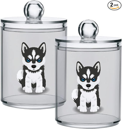 2 Pack Qtip Dispenser Apothecary Jars Dog Bathroom Organizer, Siberian Husky Puppy Qtip Holder Storage Canister Plastic Acrylic Jar for Cotton Ball/Swab/Rounds