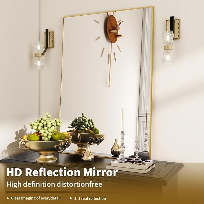 BEAUTYPEAK Gold Bathroom Wall Mirror - 20" x 28" Rectangular Mirror with Metal Frame, Hangs Horizontal or Vertical for Living Room Bedroom Bathroom Entryway