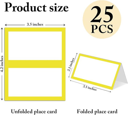 25 Pack Yellow Border Place Cards, Editable Name Cards for Table Setting, Tent Cards Food Label for Dinner Party, Bridal Shower, Wedding, Baby Shower and Events -T26