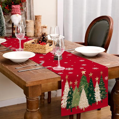 GEEORY Christmas Table Runner 13x60 Inch, Xmas Trees Snowflakes Holiday Decorative Farmhouse Table Decoration for Kitchen Dinning, Indoor Outdoor Dinner Party Decor (Red) GT150-60