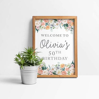 Andaz Press Personalized Extra Large Birthday Easel Board Party Sign, 12x18-inch, Peach Coral Floral Flowers Roses on White, Welcome to Olivia's 50th Birthday, 1-Pack, Custom Name Age
