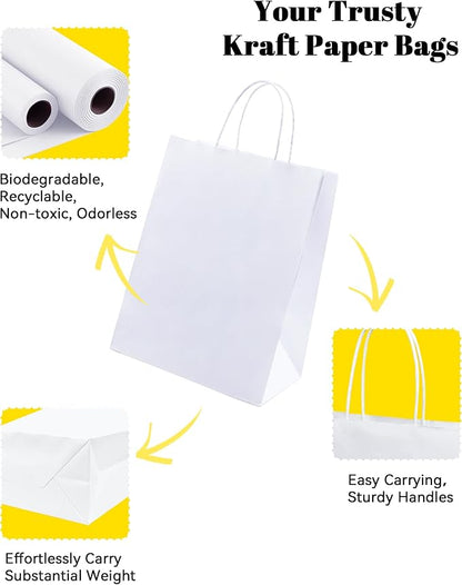 BAG BOX 50 Pack 5.9x3.1x8.25 Inch White Gift Bags with Handles,Bulk Kraft Paper Bags for Shopping, Retail, Merchandise, Wedding, Party Favors, Paper Grocery Sacks