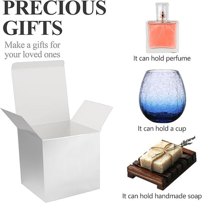 COTOPHER Small Gift Boxes 25 Pack 5x5x5 inches Silver Gift Boxes with Lids for Gifts, Crafting, Wedding Party Favor, Cupcake Boxes, Candy, Bridesmaids Proposal Box with Ribbons and Stickers