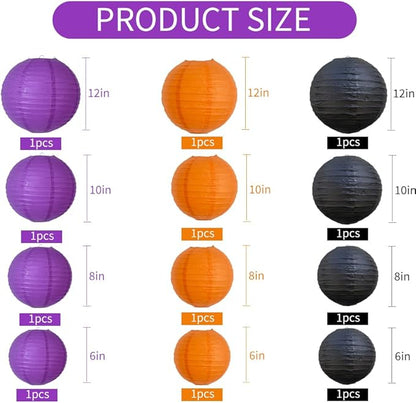 BEISHIDA 12Pcs Orange Purple Black Paper Lanterns Decorative Chinese/Japanese Hanging Round Paper Lanterns Lamp for Halloween，Birthday, Wedding, Christmas, Bridal,Home Decor, Party Decoration