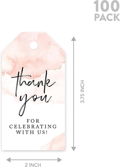 Andaz Press 100-Pack Thank You for Celebrating with Us Favor Tags Coral Brushed Watercolor Cardstock Gift Tags with Bakers Twine for Wedding Baby Shower Bridal Shower Party Favors 2 x 3.75-Inches