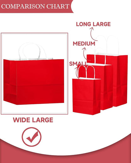 qiqee 50-Packs Red Paper Gift Bags with Handles Bulk 12.6"x4.3"x10" Wide Large Size Party Favor Bags Multiple Uses