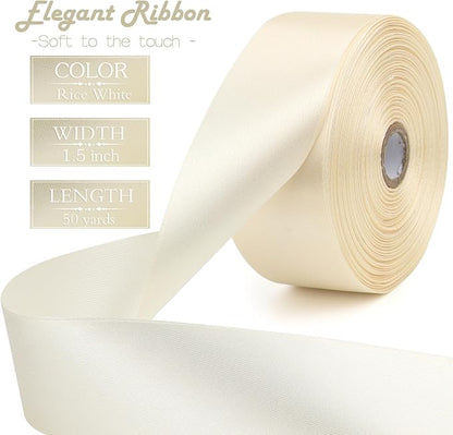 Rice White Solid Satin Ribbon 1-1/2 Inch 50 Yards Solid Polyester Fabric Ribbon for Gift Wrapping Wedding Christmas Baby Shower Birthday Party Decoration Handmade Immortal Flower Craft