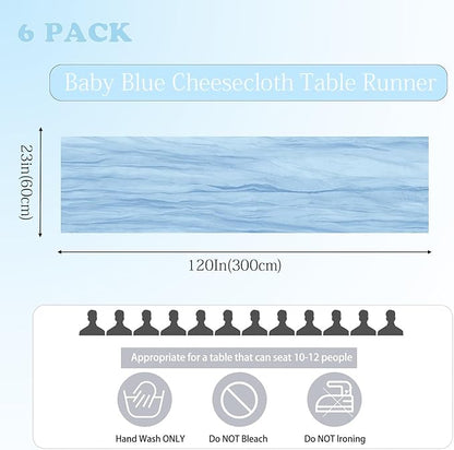 6 Pack Baby Blue Cheesecloth Table Runner 23x120 inch Rustic Boho Gauze Table Runner 10 FT Long Sheer Cheese Cloth Fabric Table Runners for Romantic Wedding Bridal Shower Birthday Party Decor