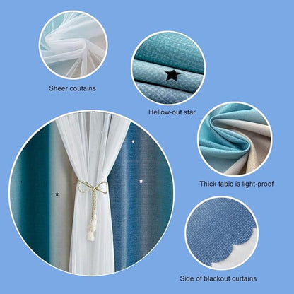 FANLI Ombre Rainbow Blackout Curtains for Kid Girls Bedroom Living Room Darking Stripe Double Layer Star Cut Out Wall Home Decor Gradient Grommet Window Curtains (Blue/Yellow, 52W x 84L)