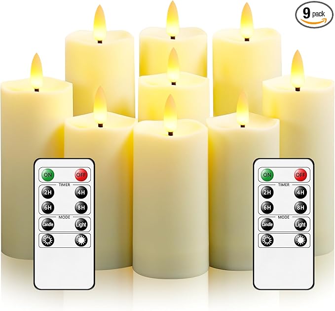 Plastic Waterproof Outdoor flameless Candles, LED Candles, with Remote Control and Timer, Battery-Powered Candles, Suitable for Camping, courtyards and Home Decoration,Set of 9（Ivory）