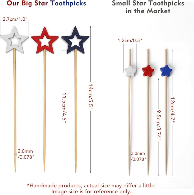 Minisland Big White Star Cocktail Picks, 5.5 Inch Long Bamboo Fancy Toothpicks for Appetizers, Decorative Independence Day Christmas Party Food Drinks Garnish Fruit Skewer Sticks 50 Counts - MSL434