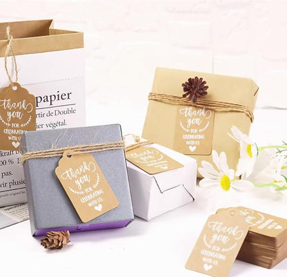 100 Pcs Kraft Paper Tags, Thank You for Celebrating with Us Tags with 20 Meters Jute Twine for Wedding Thanksgaving Christmas Party Arts and Crafts DIY Favor