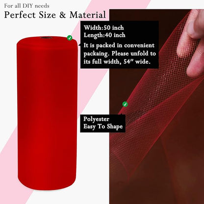 Red Tulle Fabric Rolls 54 Inch by 40 Yards Tulle Bolt Spool for Wedding Decorations DIY Christmas Tutu Baby Shower Table Skirt Ceiling Decor Birthday Party Craft Supplies