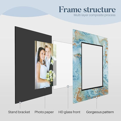 Cuspin 5x7 Blue Picture Frame, Luxury Blue and Gold Glass Wedding Frame 8x10 Marble Decorative Photo Frames for 5x7 Photos, Glamorous Elegant Frame for Tabletop, Gift, Home Office Display