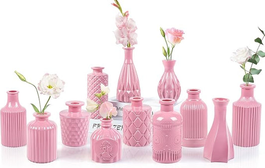 Baby Pink Glass Bud Vases Set of 12, Mini Flower Vase for Centerpieces, Small Vases in Bulk for Wedding Decoration, Vintage Vase for Baby Shower Centerpieces, Home Décor