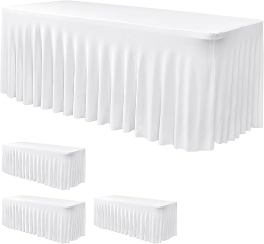 Nasitos White Table Skirt for 6 Foot Rectangle Tables, 4 Pack - 72 x 30 Inch - Stretch Spandex Fitted Table Clothes, Fabric Table Covers Cocktail Tablecloths for Party, Banquet, Birthday