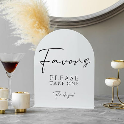 White Arch Acrylic Wedding Sign- 8"x10" Favors Sign and Base,1/8" Thick | Modern Calligraphy Arched Acrylic Favors Sign for Wedding & Party