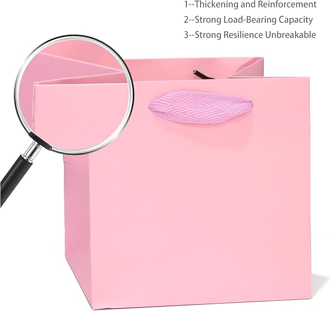 Pink Paper Gift Bag 10 in Paper Gift Box Large Square Bottom Kraft Paper Bags with Handles for Wedding Baby Shower Birthday Party (Pink, 10 x 10 x 10 in, 10 CT)