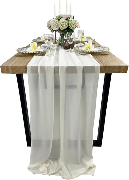 EHLDekol 13ft Ivory Chiffon Table Runner, 29x156 Inches Romantic and Rustic Boho Wedding Runner, Sheer Bridal Party Decorations