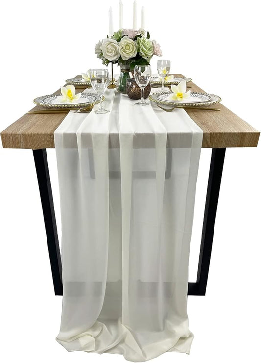 EHLDekol 13ft Ivory Chiffon Table Runner, 29x156 Inches Romantic and Rustic Boho Wedding Runner, Sheer Bridal Party Decorations