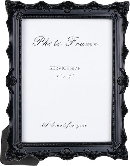 Cuspin 5x7 Black Picture Frame, Handcrafted Resin Frame with Exquisite Carved Details & Glass Front, Vintage Antique Design for Wall Hanging or Tabletop Display, Home Decor