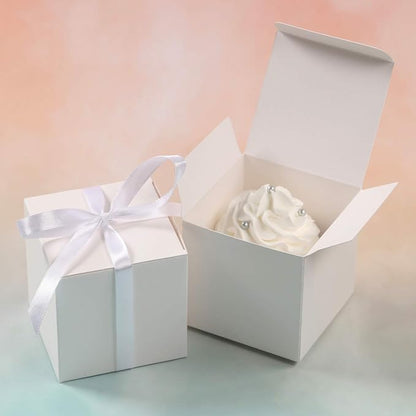 COTOPHER 60pcs Wedding Favor Boxes, Paper Gift Boxes 3x3x3 Inches Small Gift Boxes with Ribbons Small Boxes for Gifts, Crafting, Cupcake, Candy, Bridesmaid Proposal Boxes，Easy Assemble Boxes (White)