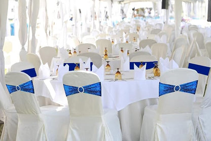 100 Pcs Sequin Chair Sashes Stretch Chair Bands Spandex Polyester Bows for Party Hotel Wedding Banquets Decoration - Royal Blue