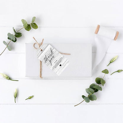 Andaz Press 100-Pack Thank You for Celebrating with Us Favor Tags Gray Rustic Wood Cardstock Gift Tags with Bakers Twine for Wedding Baby Shower Bridal Shower Birthday Party Favors 2 x 3.75-Inches