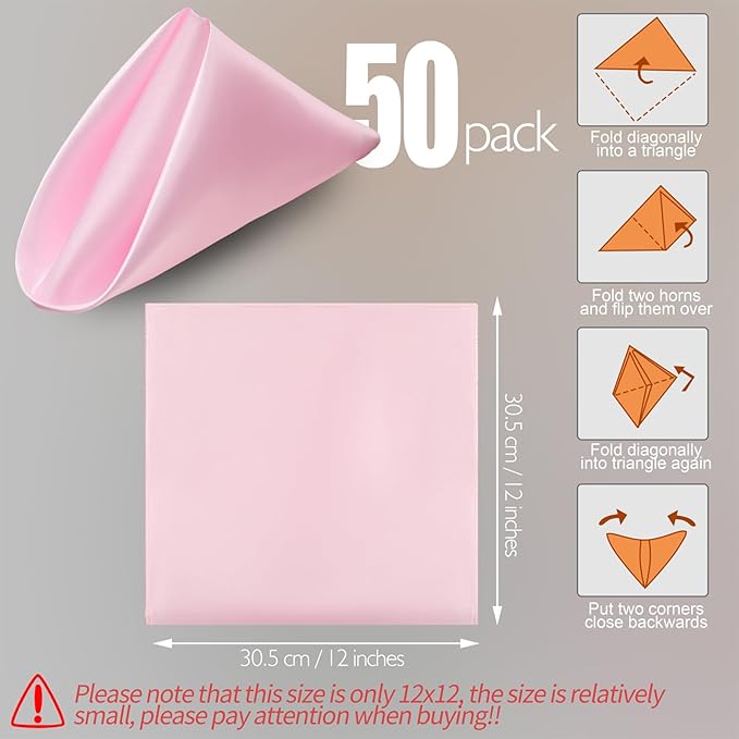 Manyshofu 50 Pieces Blush Pink Satin Napkins - 12x12 Inches Cloth Napkins, Square Satin Fabric Napkin Set - Soft & Reusable Table Napkins for Wedding Dinner Party Lunch Banquet Restaurant Decoration