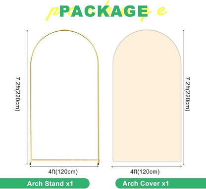 Metal Arch Backdrop Stand and Cover Set, 7.2FT Beige Reusable Spandex Fitted Backdrop Cover and Gold Wedding Arch Frame for Baby Shower, Birthday, Parties Decoration.