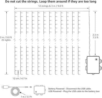 LE Fairy Curtain Lights Battery Operated & USB Plug in, Remote 10 x 10 ft Hanging String Lights for Bedroom Wall, 300 LED Indoor Outdoor Twinkle Lights for Wedding Party Backdrop Tent, Patio, Gazebo