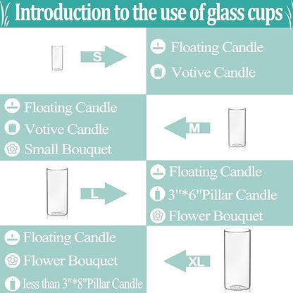Set of 12 Pcs Glass Cylinder Vases for Centerpieces with 18 Pcs White Floating Candles for Centerpieces Glass Candle Holder for Table Shelf Wedding Party Home Decor (4"+6"+8"+10")