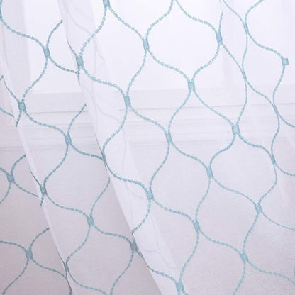 Embroidery Sheer Curtains Blue 63 Inches, Rod Pocket Voile Drapes for Living room, Bedroom, Window Treatments Wave Diamond Semi Crinkle Curtain Panels for Yard, Patio, Villa, Set of 2, 52"x 63".