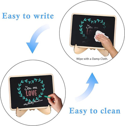 Vintage Wooden Mini Chalkboard Signs - Set of 6 | 4 x 3 Inch Tabletop Chalkboard Sign with Base Stands | Decorative Small Message Chalk Board Sign with 7 Liquid Chalk Markers