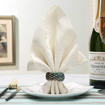 Jeweled Napkin Rings Set of 6 - Vintage Metal Crystal Rustic Peacock Napkin Ring Holders for Wedding Party Holiday, a Beautiful Dinner Table Décor (Multicolor)