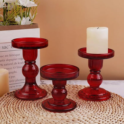 6-Piece Set of Red Glass Candlestick, Crystal Candlestick Holder Holder and Conical Candle, Christmas Candle Holder Decoration, Family Living Room Wedding Candle Holder (red2sets)