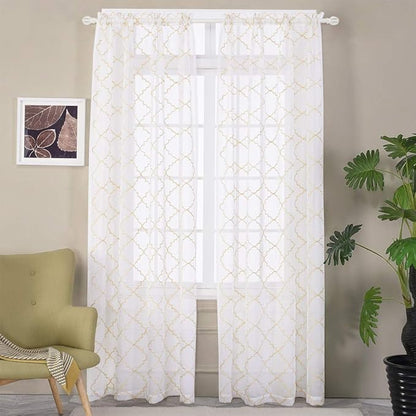 Embroidered Moroccan Tile Lattice Design Gold Sheer Curtains 84 Inch Long, Rod Pocket Sheer Drapes for Living room, Bedroom, 2 Panels, 52"x84", Semi Voile Window Treatments for Yard, Villa, Parlor.