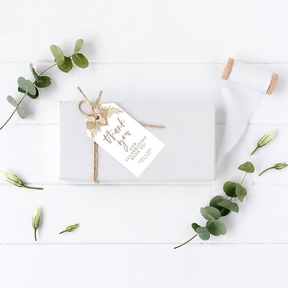 Andaz Press 100 Pack Personalized Thank You Tags with Boho Design, Dried Palms - Boho Custom Wedding Gift Tags for Wedding Party Favors - 2 x 3.75-Inches