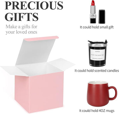 COTOPHER Small Gift Boxes 60 Pack 4x4x4 inches Pink Gift Boxes with Lids for Gifts, Crafting, Wedding Party Favor, Cupcake Boxes, Candy, Bridesmaids Proposal Box with Ribbons and Stickers (Pink, 60