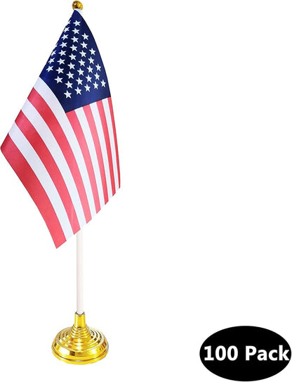 100 Pack USA US Desk Flags,Small Mini American Deluxe Table Flags Set with Stand Base，8.2 x 5.5 inches Miniature Desktop Flag