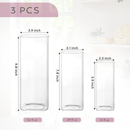 3 PCS Modern Square Glass Cylinder Vases Set (6/8/10 Inch) – Elegant Bud Vases, Floating Candle Holders & Wedding Centerpiece Displays for Home Decor, Holidays, Housewarming Gifts