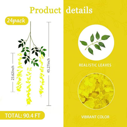 24 Pack Yellow Wisteria Hanging Flowers Garland, 3.77 Feet Artificial Flower Vines, Fake Wisteria, Artificial Vines Hanging Garland for Backdrop Outdoor Yard Garden Decor