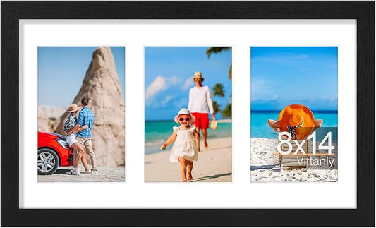 Vittanly 8x14 Picture Frames Collage, Displays 3Pcs 4x6 Pictures with Mat, Collage Picture Frame for Horizontal or Vertical Display, Black, 1 Pack