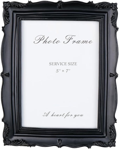 Cuspin Vintage 5x7 Picture Frame Black, Handmade Resin Frame with Carved Texture & Glass Front, Antique Retro Design for Tabletop Display or Wall Hanging, Black Photo Frames Home Decor