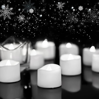 Homemory 48-Pack Cool White Novelty Flickering Flameless Tea Lights, 200+Hours Battery-Operated LED Fake Candles for Wedding Table Centerpieces,Proposal,Anniversary, White Base, Ø1.5'' × H1.3''