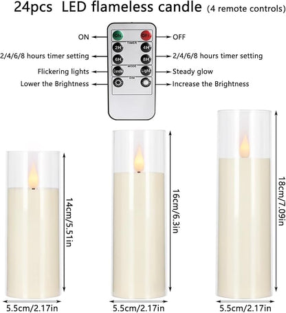 Set of 24 Flameless Led Battery Opeated (D2.2'' x H5''6''7'') Realistic Moving Wick Candles with 10-Key Remotes and Cycling 24 Hours Timer